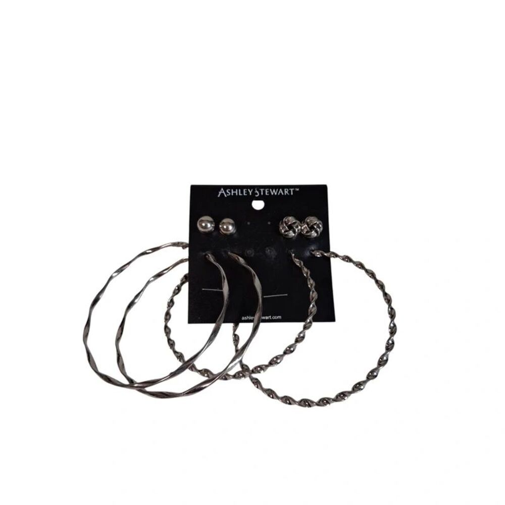 Ashley Stewart Silver Toned Twisted Metal Oversized Hoops Stud Earrings Set of 4
